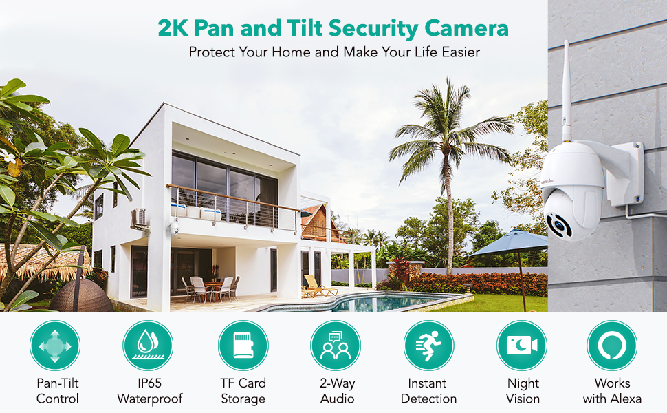 wansview Security Camera Outdoor, 1080P Pan-Tilt 360 Surveillance  Waterproof WiFi Camera, Night Vision, 2-Way Audio, Smart Siren, SD Card  Storage&Cloud Storage,Works with Alexa W9 (with RJ45 Port) White