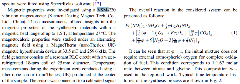 the application of VSM-220 vibration magnetometer in Solution combustion synthesis of iron-based magnetic nanoparticles: influence of inert gas pressure