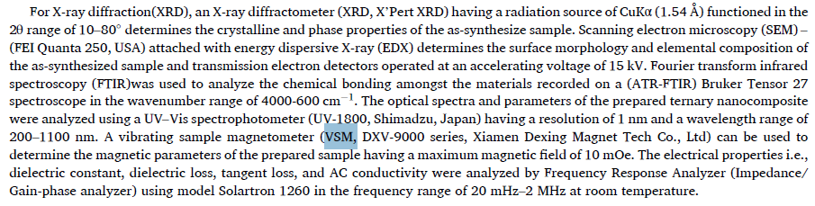 the application of VSM-9000 vibrating sample magnetometer in Tuning optical, magnetic, and electrical parameters of CuFe2O4 nanoparticles incorporated with GO and ZnO using a facile synthesis