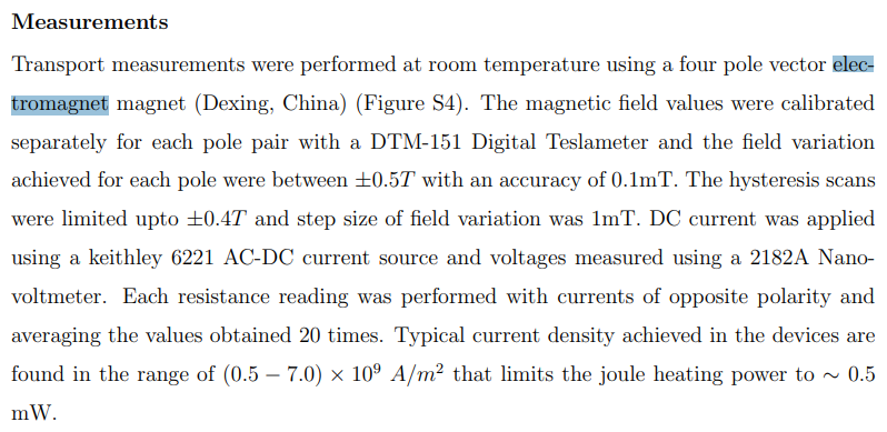 the application of Four pole vector electromagnet in Direct Electrical Detection of Spin Chemical Potential Due to Spin Hall Effect in β-Tungsten and Platinum Using a Pair of Ferromagnetic and Normal Metal Voltage probes