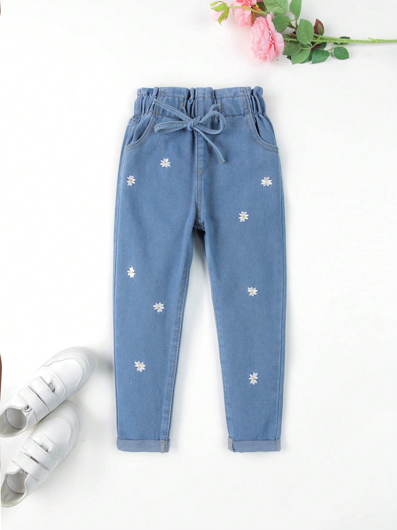 KidsEVRYDAYYoungGirlFloralEmbroideryPaperbagWaistKnotFrontJeans_23065374_details_0