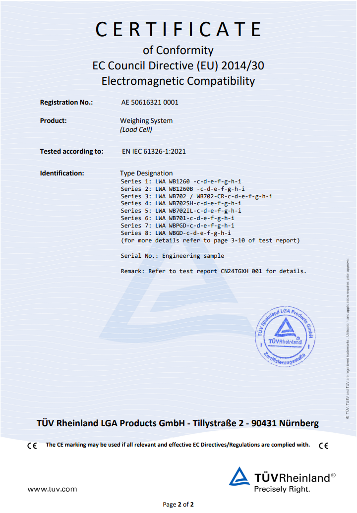 WEBOWT 称重传感器系列 2 CE 证书