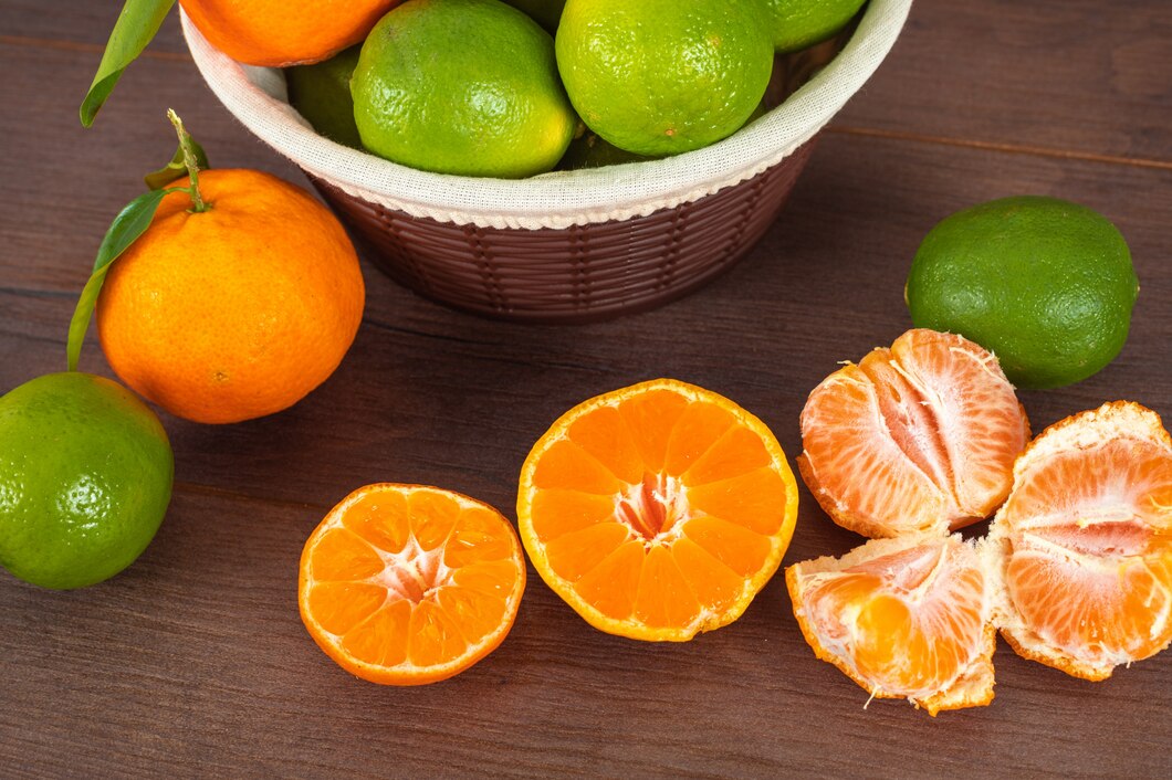 green-lemons-basket-mandarins-wooden-table_176474-463