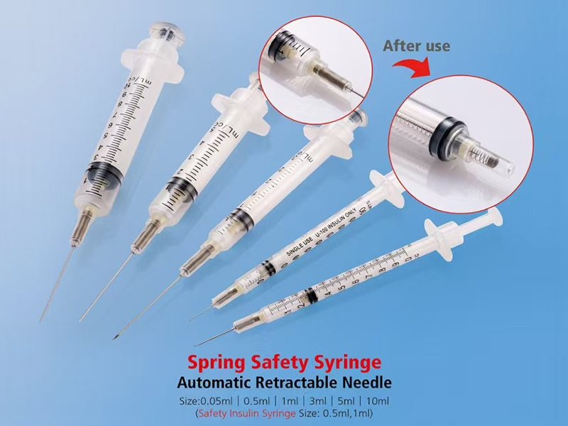 Syringe-Includessyringebarrel-hollowplungerandsafetydevice-Thesafetydevicelocatedintheforepartofthebarrelcomprisesneedle-springandneedlehubwithagroovesoastoretaintheneedle