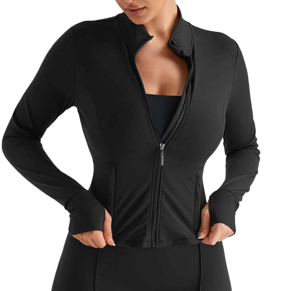 Features: Stand - collar zip - up sports jacket. Soft, stretchy fabric for a snug fit. Thumb - hole cuffs for convenience.