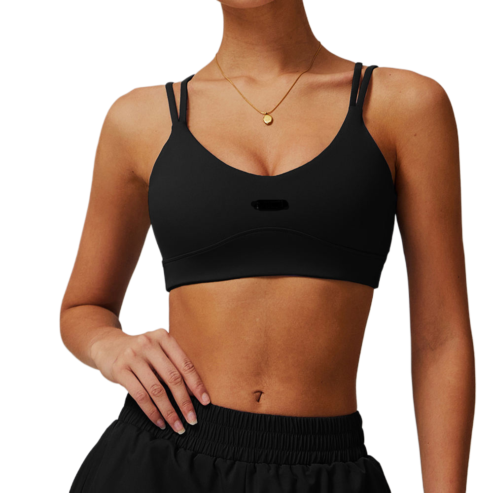 Features: Double - strap, V - neck sports bra. Soft, stretchy fabric for a secure fit.