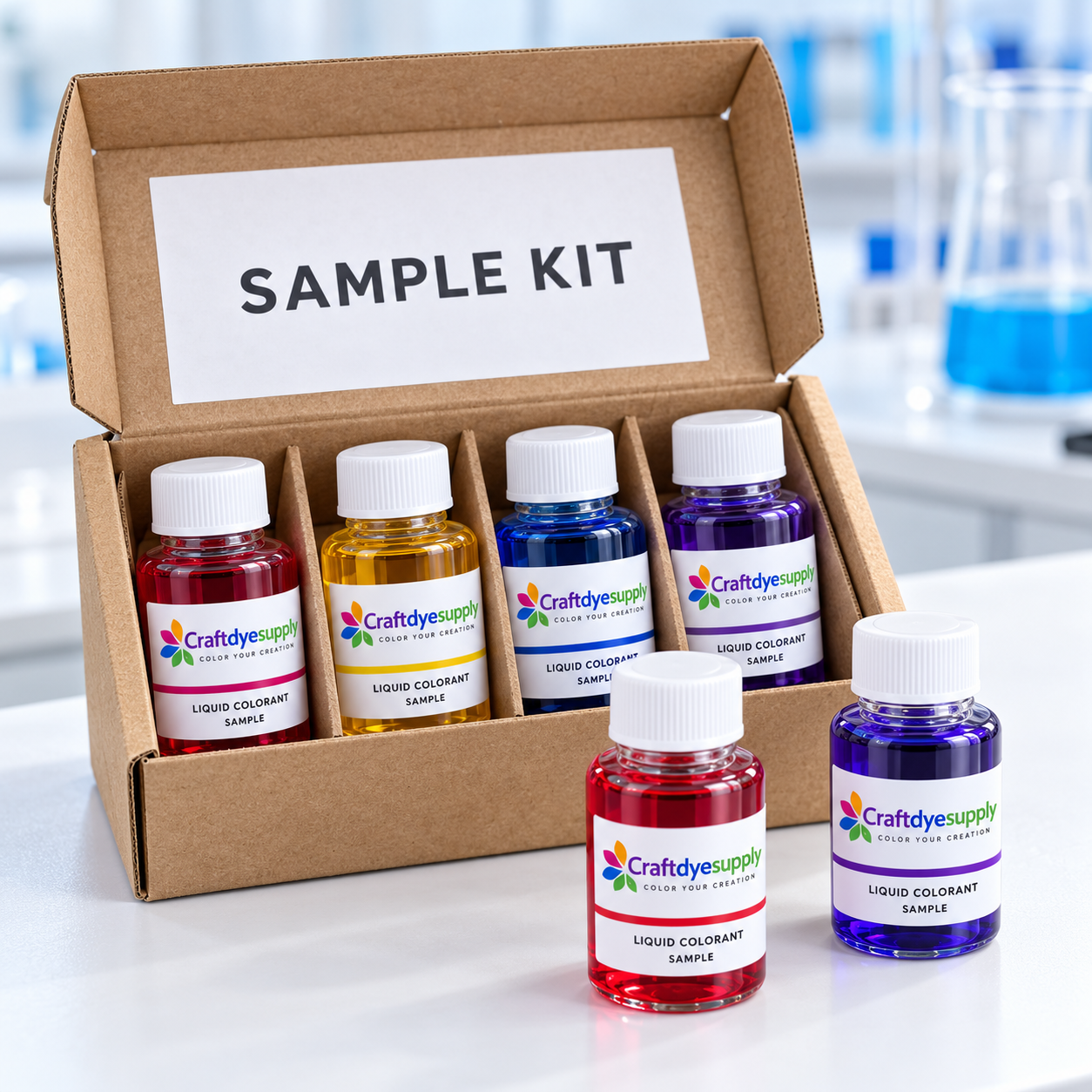 Custom liquid dye sample kit ready for client evaluation